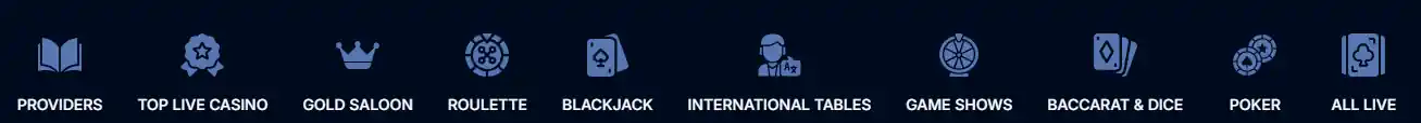 Menu de navigation Boomerang Bet pour les catégories de jeux et les fournisseurs.